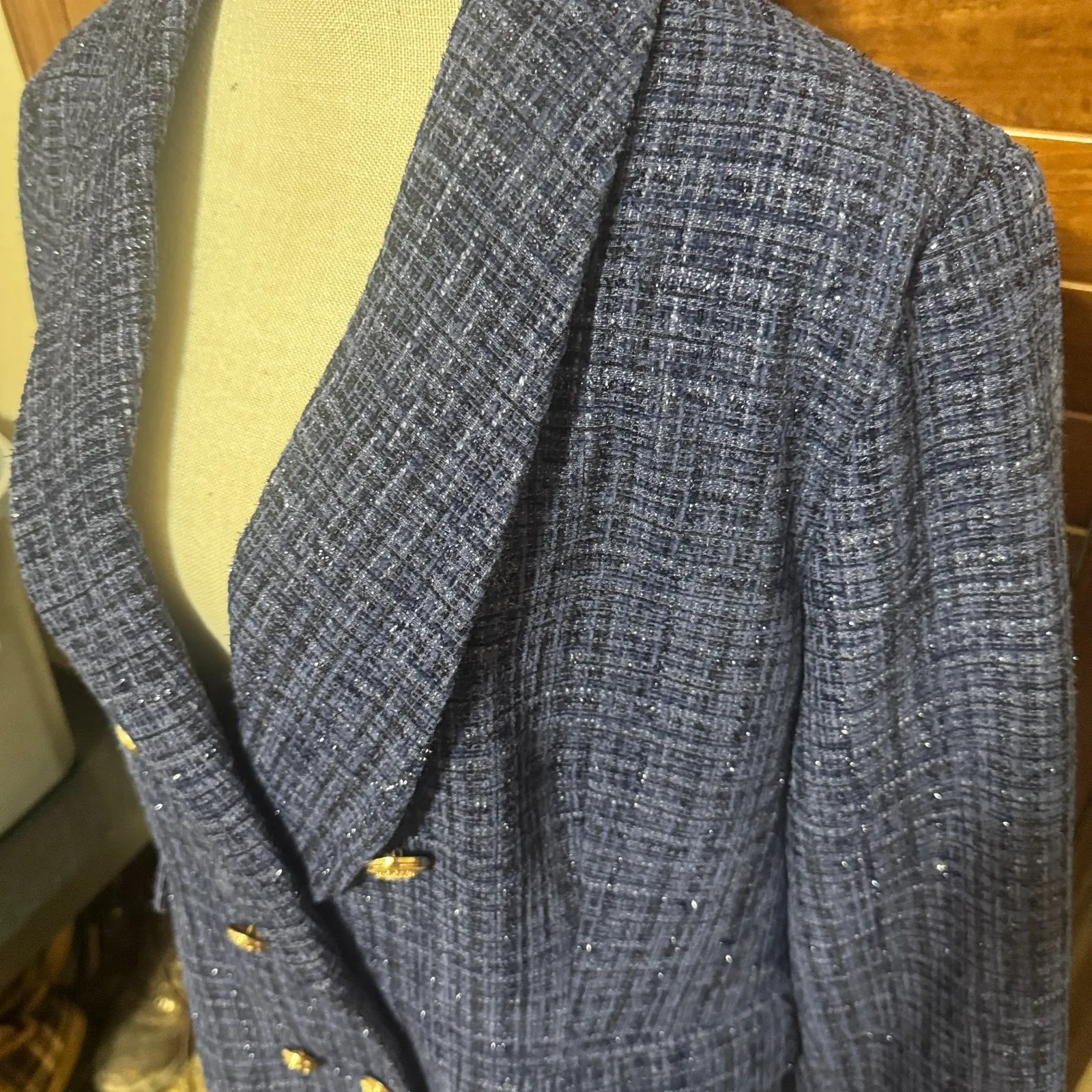 Navy Blue Plaid Blazer Tweed Jacket Old Money Gold buttons double breasted XXL - Image 3