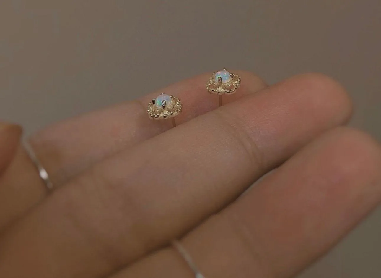 18K Gold Plated Hollow Mini Small Opal Stud Earrings for Women - Image 4