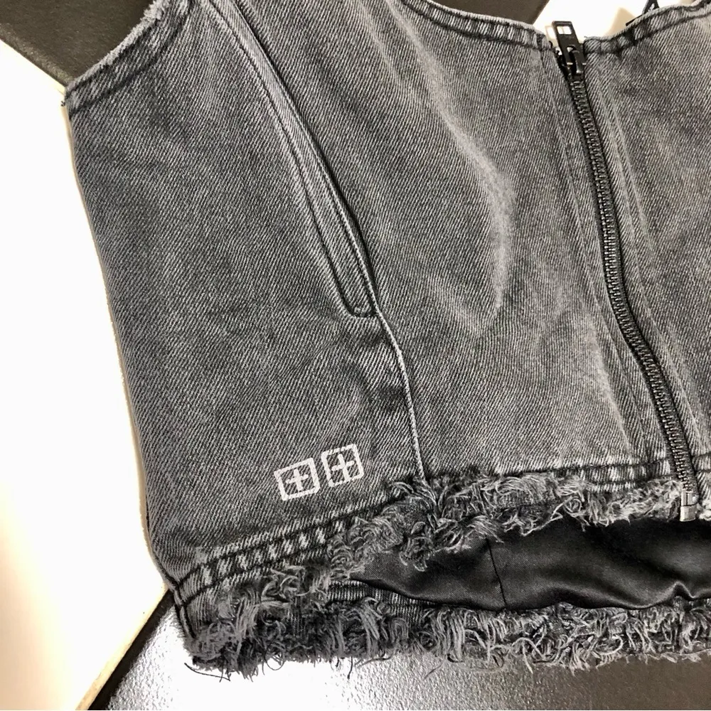 Crimez Corset X Rated Crop Top Washed Denim Black Dark Grey Coquette sz L - Image 11
