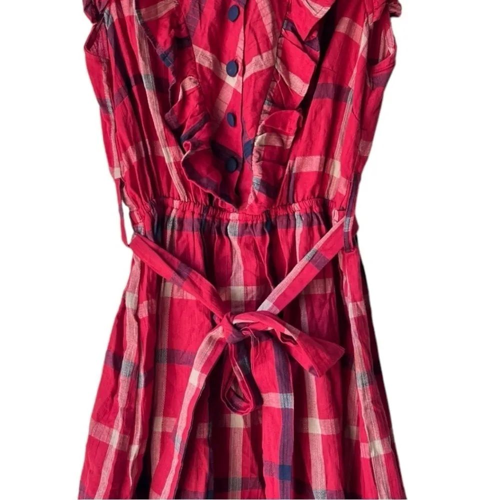 Women's lightweight ruffle strap mini midi dress red blue plaid Vintage doll S. - Image 3