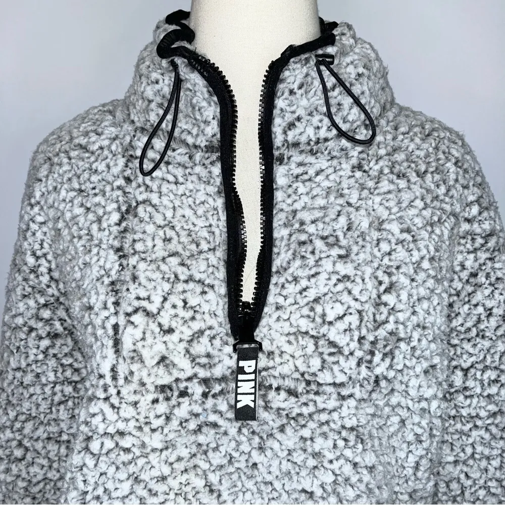 PINK VICTORIA’S SECRET White Black Fuzzy Sherpa Half Zip Pullover Medium - Image 3