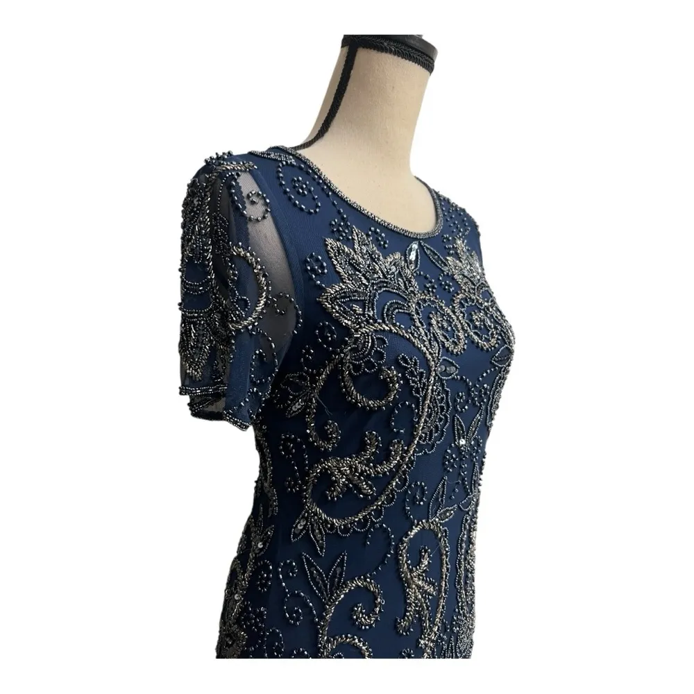 Pisarro Nights Blue Midi with Embellish Beaded Illusion Neck Dress Size 8 - Image 7