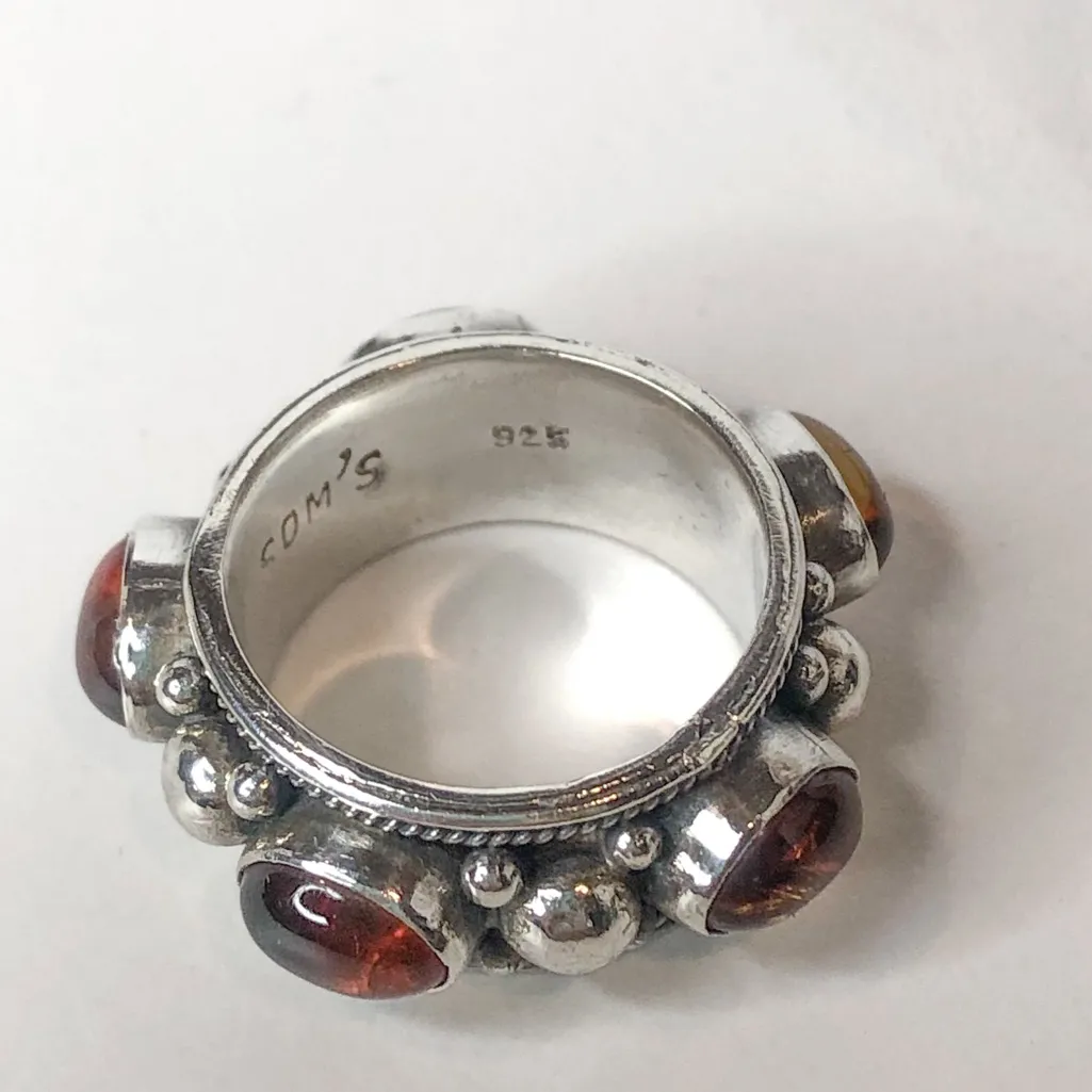 STERLING SILVER Wide Band Ring with Amber Cabochon and Rope Trim Detail Sz 7 - Image 10