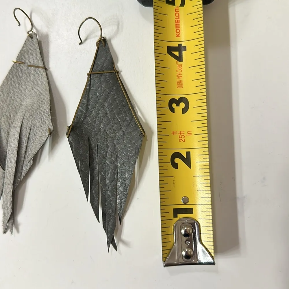 Vegan Leather Fringe Feather Earrings Gray - Image 5