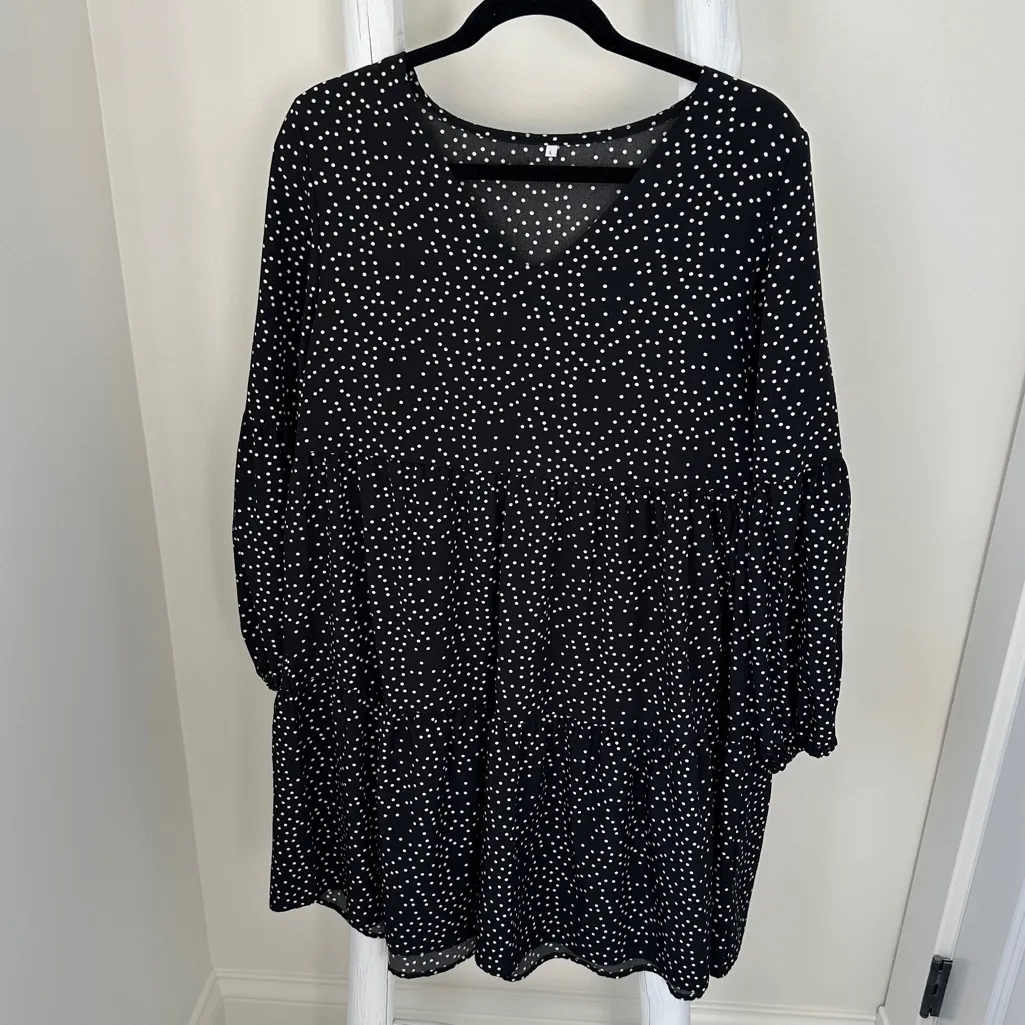 Amoretu Tunic Dress Polka Dot V Neck Casual Loose Flowy Swing Shift Dress Size L Black Size L - Image 3