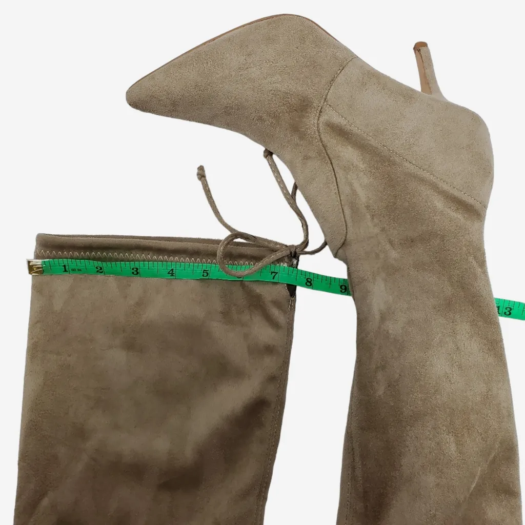 Suede Pointed Toe Over The Knees Thigh High Stretchy Heeled Boot Tan Size 5 - Image 7