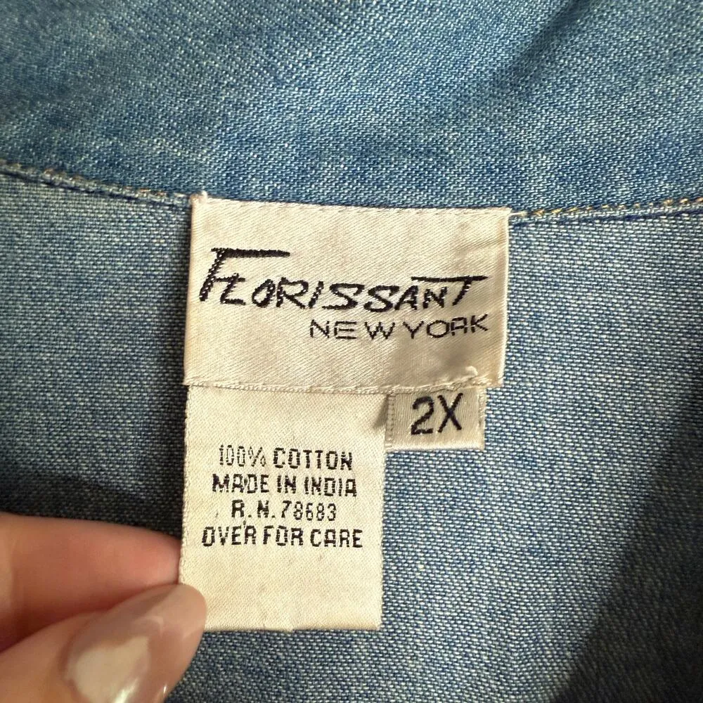 90s Vintage FLORISSANT | Denim Jacket with Lace Applique and sequins | 2XL Blue Size 2X - Image 3