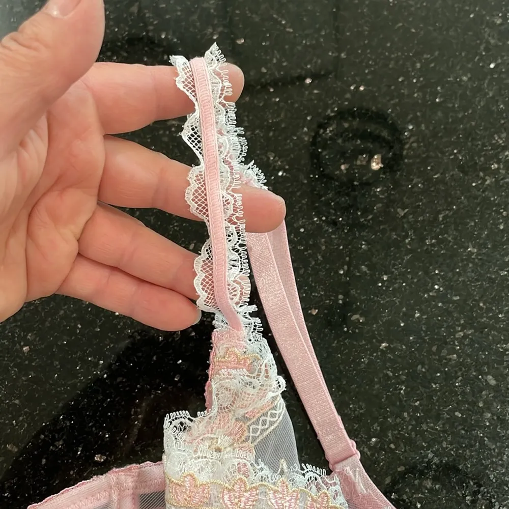 Vogue's Secret Pink Sheer Mesh Lace Trim Embroidered Underwire Bra 42E Size undefined - Image 4