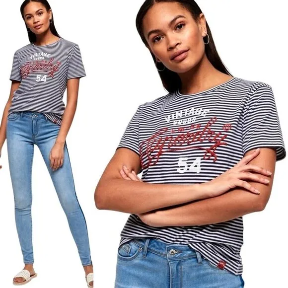Superdry Blue and White Striped Crew Neck Rope Lettering Short Sleeve Tee Size 8 - Image 2