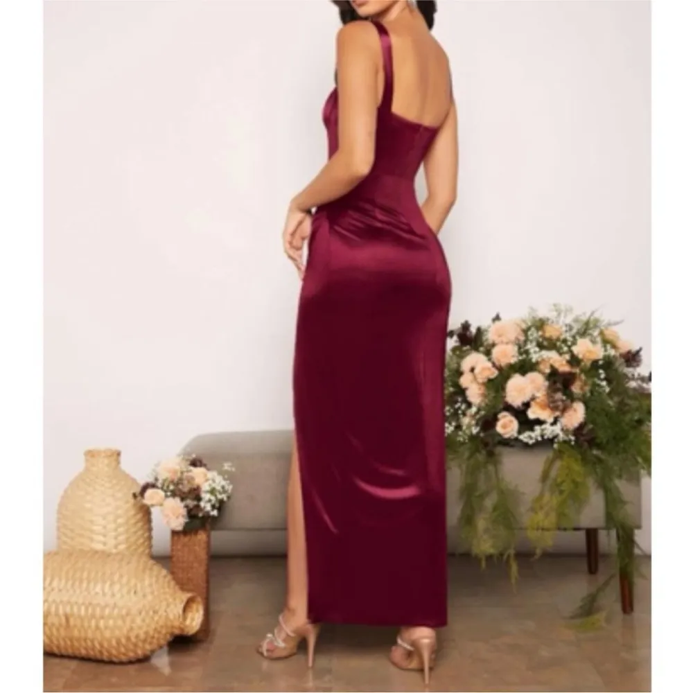 NWT Luxe Burgundy Red Wrap Bustier Ruched Slit Leg Long Formal Satin Dress L Size L - Image 4