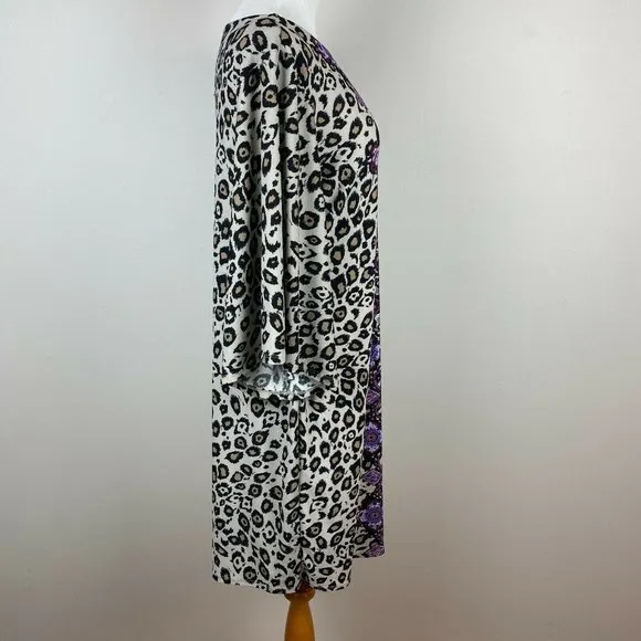Dana Buchman Dress‎ M Leopard Floral 3/4 Bell Sleeve Beige Tan Purple - Image 3