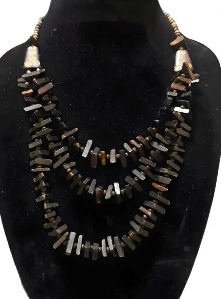 Vintage Necklace 3-Strand Funky Boho Wood w/ Bonus Extender. Etched Wood - Image 1