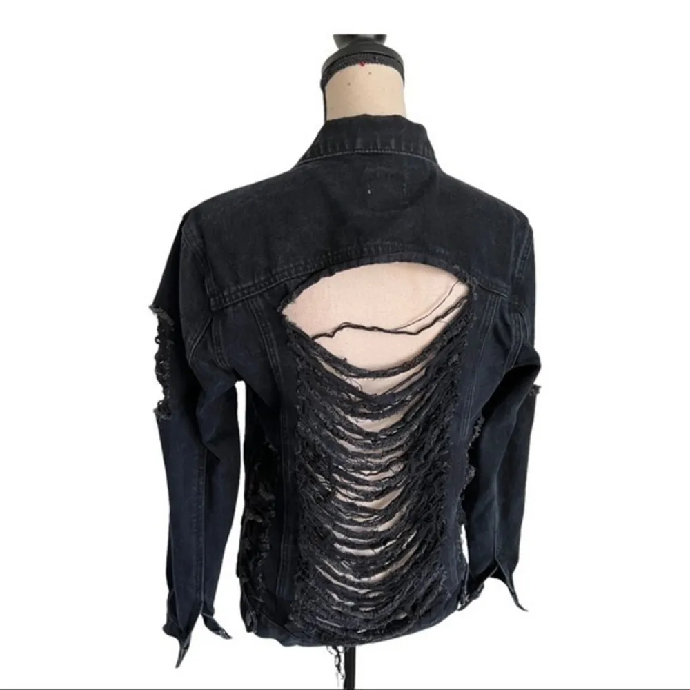 The Rockn Rev Ripped Super Distressed Black Jean Jacket Size 6 - Image 7