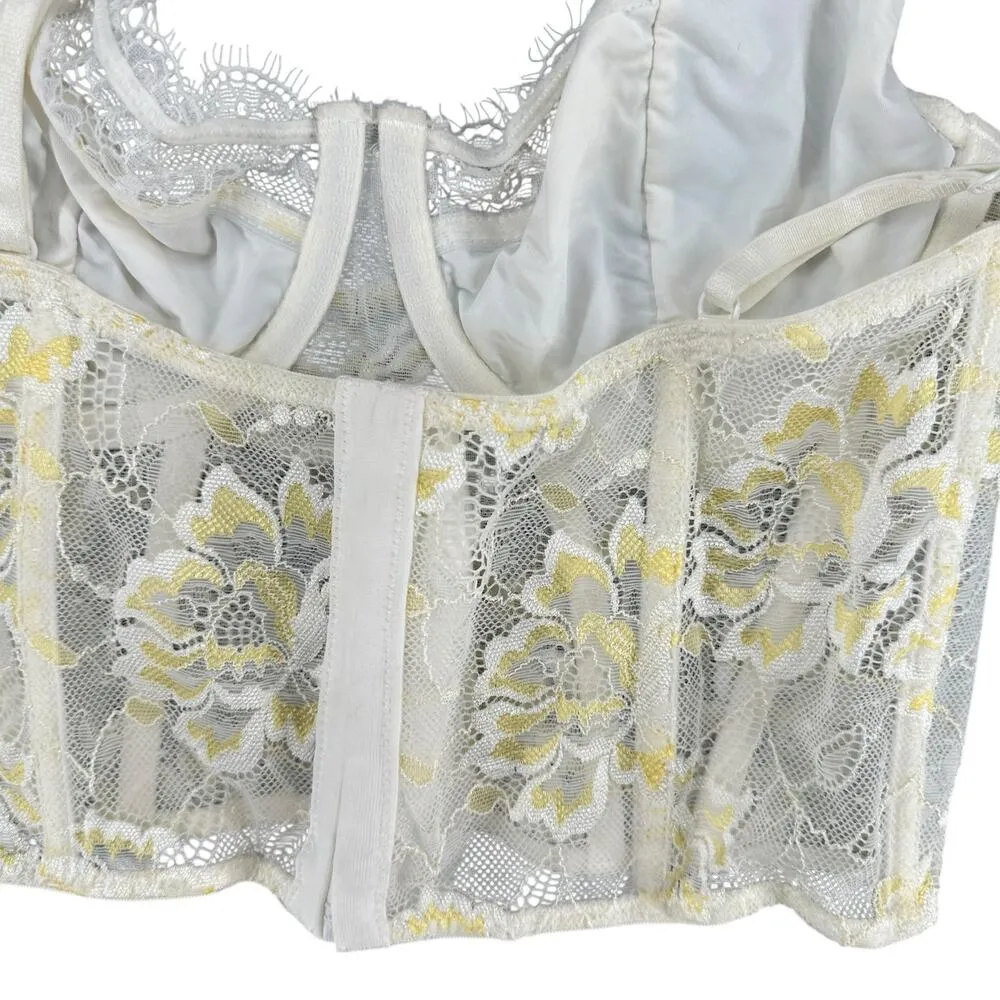 Y2K Retro Fairycore Corset Lace Sheer White Yellow Floral Caged Boning XL Size XS - Image 5