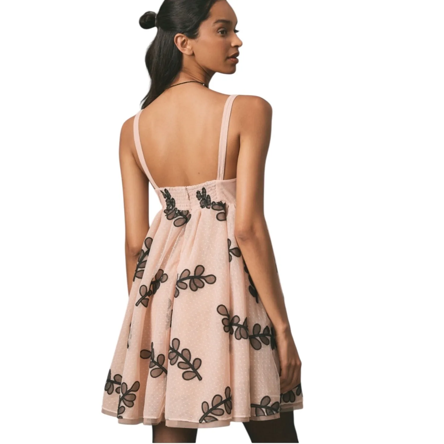 Anthropologie NWT Pink Tulle Embroidered‎ Mini Babydoll Square Neck Dress Med - Image 3