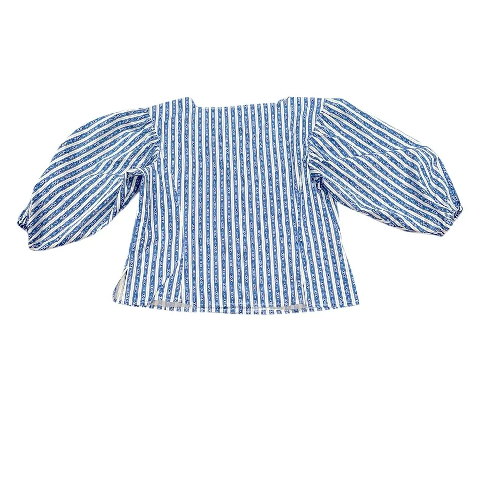 Tory Burch Gemini Link Striped Blue White Short Puff-Sleeve top 6 - Image 7