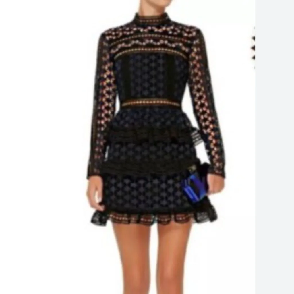 Self Portrait Navy High Neck Star Lace Dress Black Size 4 - Image 3