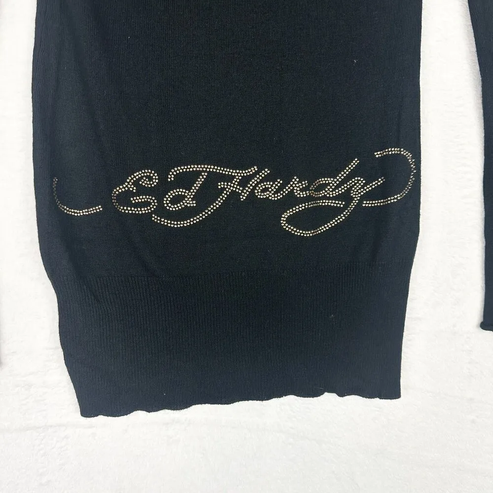Vintage Ed Hardy Y2K Bling Rhinestone Hooded Shirt Size Small Angora Cashmere - Image 4