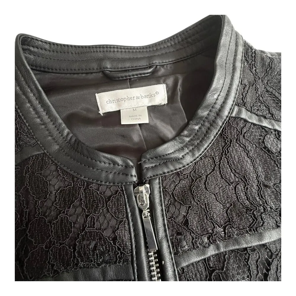 Christopher & Banks Vegan Leather JACKET Full Zip Black Lace Front Women's MED - Image 3