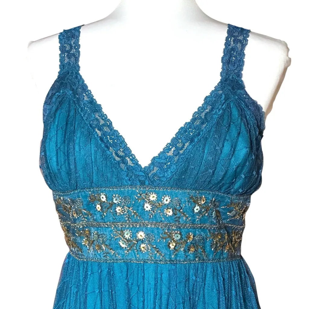 BETSEY Johnson Y2K Lace Mesh Teal Mini Dress Medium EUC Babydoll Fairy Beaded - Image 2