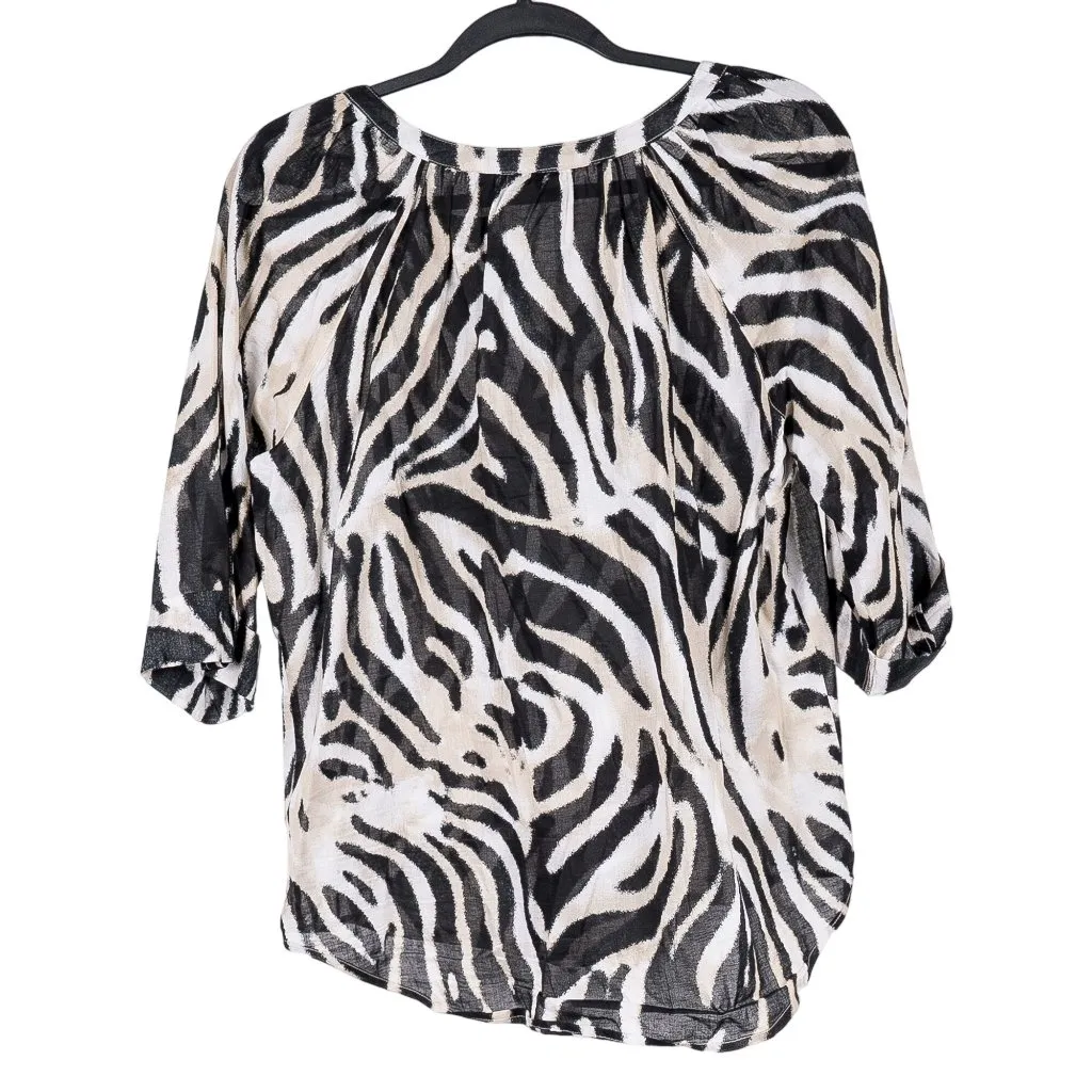 Westbound Zebra Print Shirt PL Petite L Sheer VNeck Black Cream Roll Tab Sleeve - Image 6