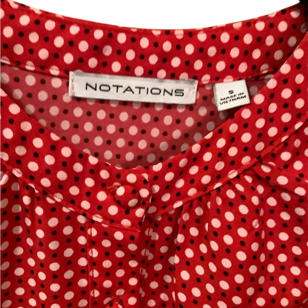 Notations Red and White Polka Dot Blouse with elastic bottom sleeves size small - Image 5