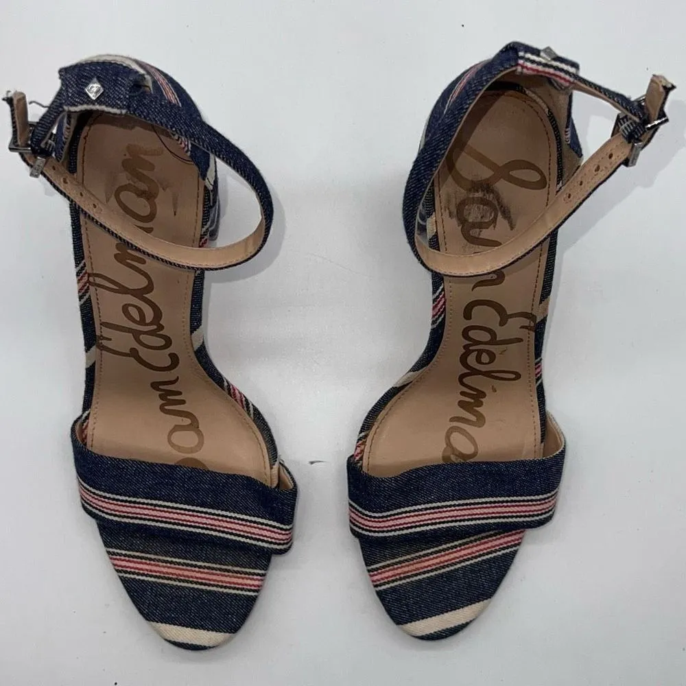 Sam‎ Edelman Yaro Denim Striped Strappy Chunky Heel Sandal - Image 6