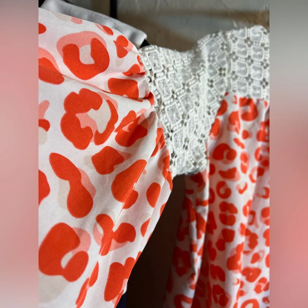 Coral White Pink Leopard Print Blouse sz M crochet flowy colorful bell sleeve Orange Size M - Image 4