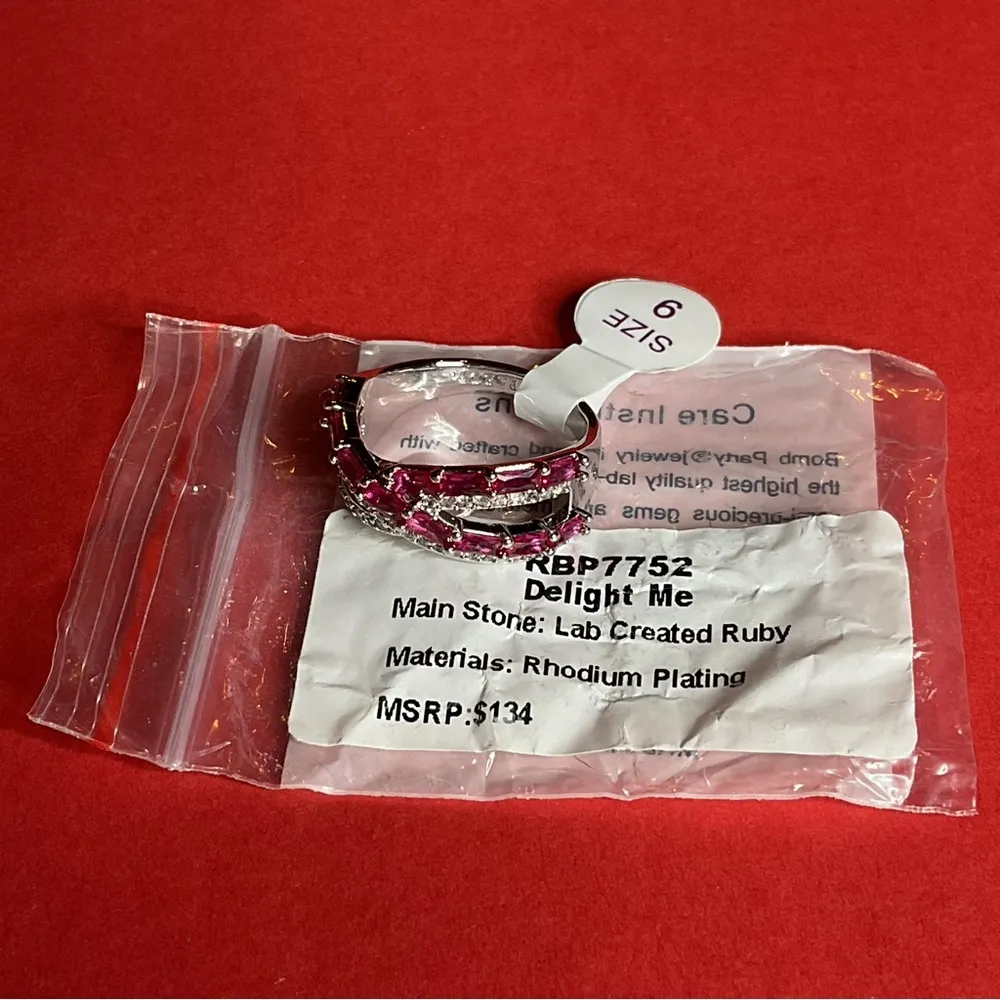 Bomb Party RBP7752 “Delight Me” Lab Created Ruby on Rhodium Size 9 Ring NWT Red - Image 5