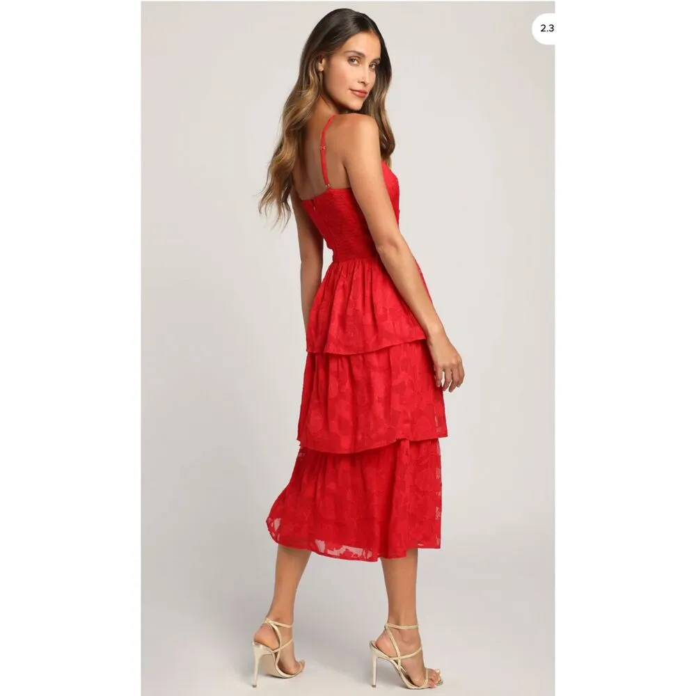 Lulus Grace and Beauty Red Burnout Floral Print Tiered Dress Size XS - Image 2