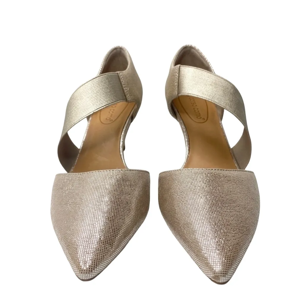 Corso Como "Denise" Gold Shimmer Leather/Textile Stretch Strap Pointed Toe Heels - Image 3