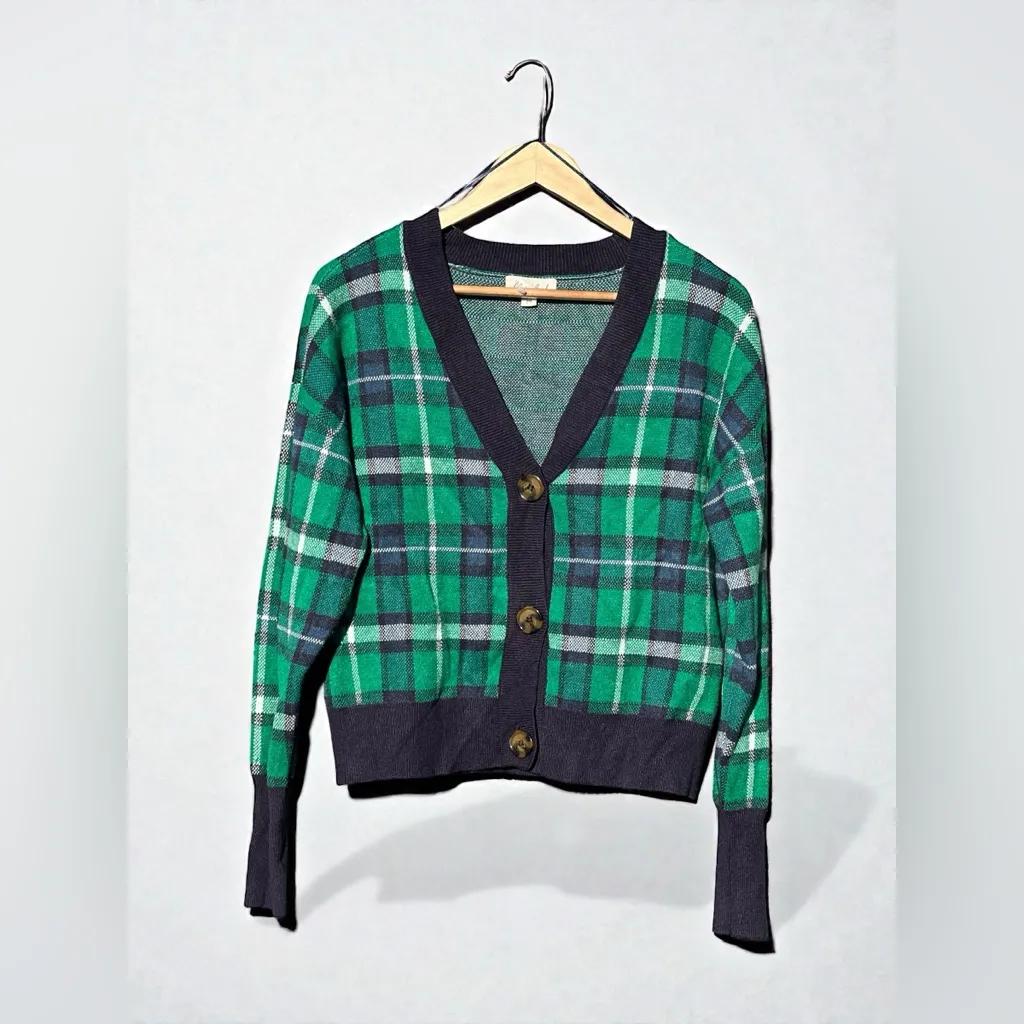 Marled Plaid Green and Navy Women's Sweater cardigan In Size M Size M - Image 2
