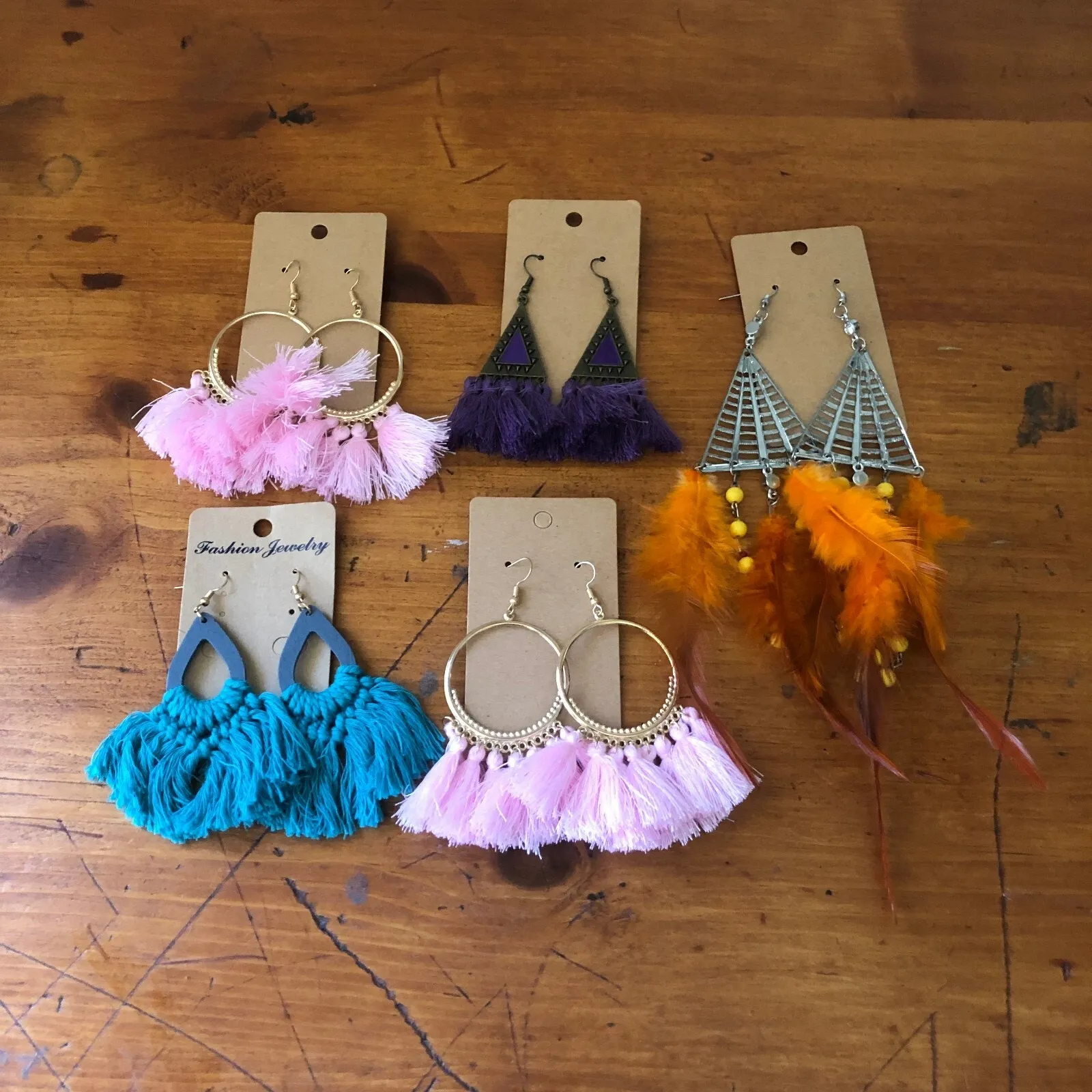 Set of 6 Boho Statement Earrings Tassel Fringe Feather Festival Hook Clasp NWOT - Image 2
