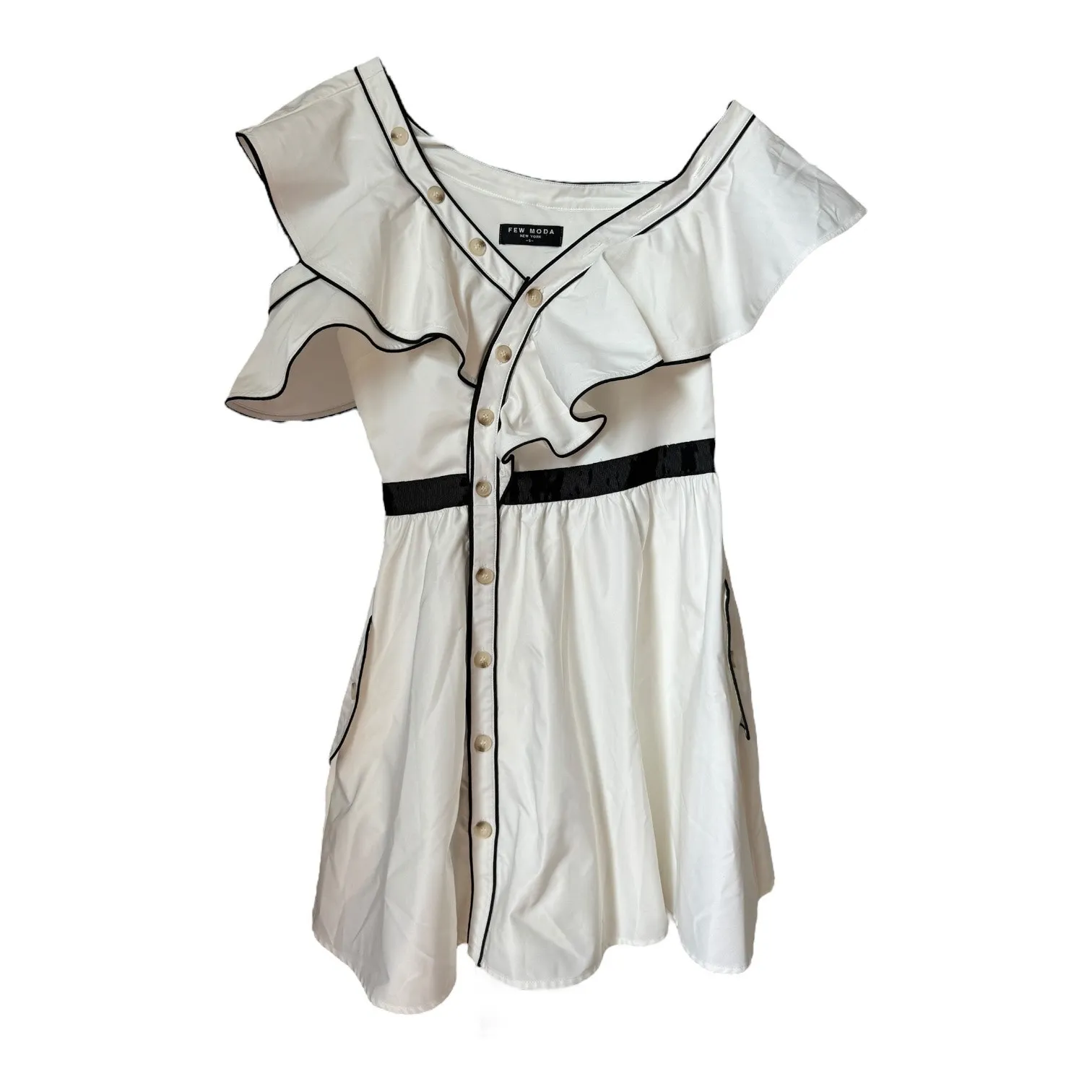 2010s Few Moda off-shoulder ruffle mini dress black trim small - Image 4