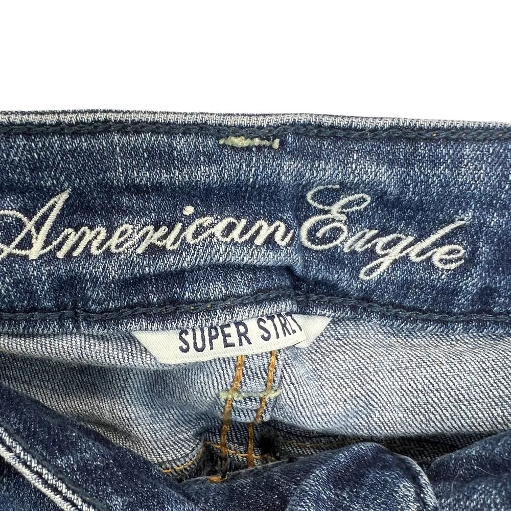 American Eagle Distressed Skinny Jeans Blue Sz 4 Super Stretch 90s Denim Grunge - Image 5