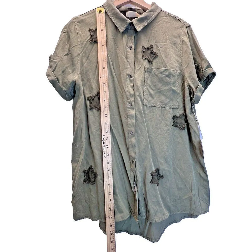 Hummingbird green olive blouse star Tencel woman short button sleeve size L. - Image 3