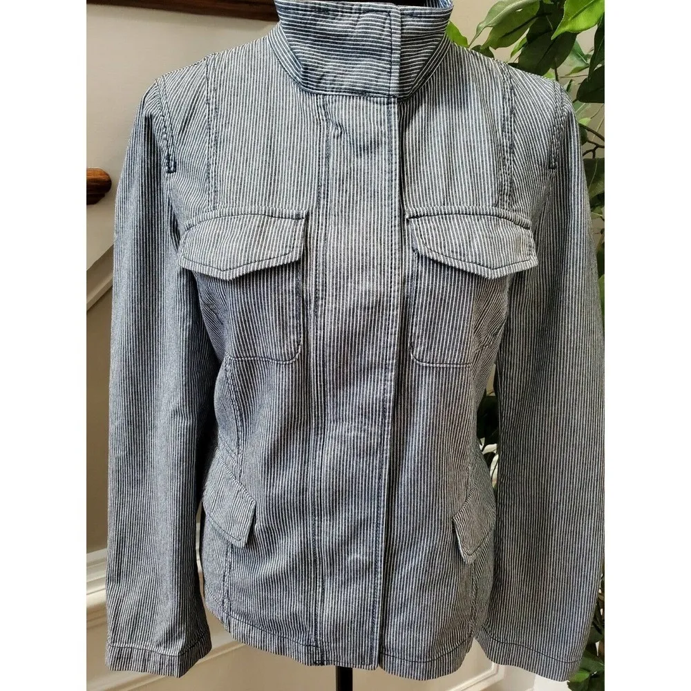 Talbots Women Blue Striped 100% Cotton Long Sleeve FullZip Front Casual Jacket 8 - Image 2