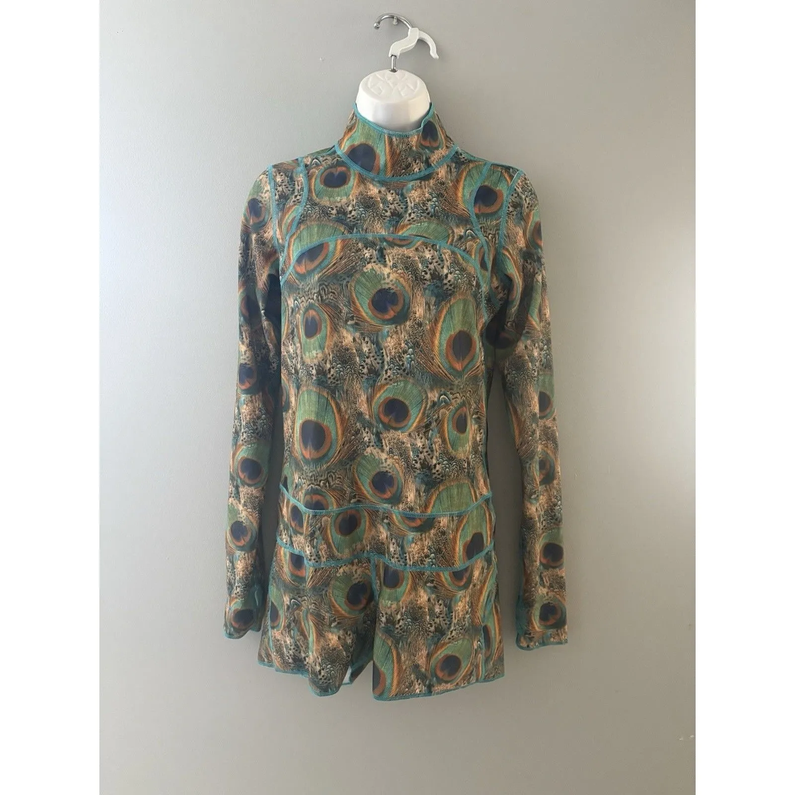 Tutu Blue Swimsuit Size L Peacock Shortie Sun Protection Rash Guard Long Sleeve Size L - Image 3