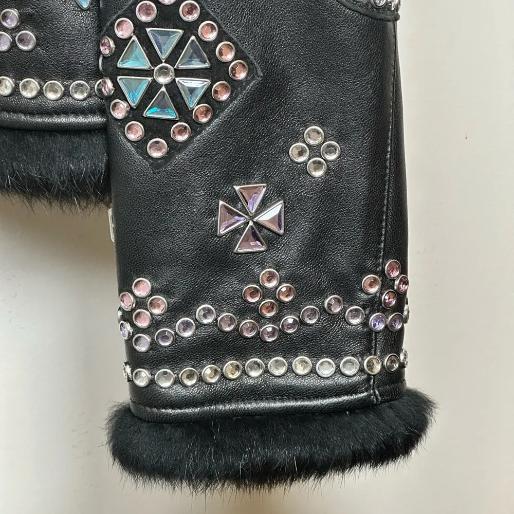 Cripple Creek Genuine Leather Rhinestone and Fur Jacket Black size Medium - Image 5