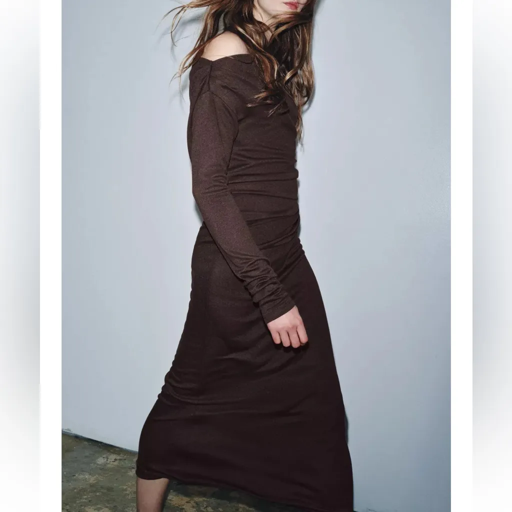 Zara NWT brown off shoulder ruched long sleeve midi brooch draped dress - Image 6