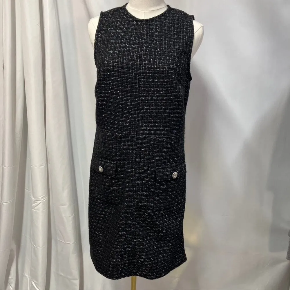 New Loft Metallic Tweed Button Pocket Dress Womens 0 Black Shift Classic Preppy - Image 3