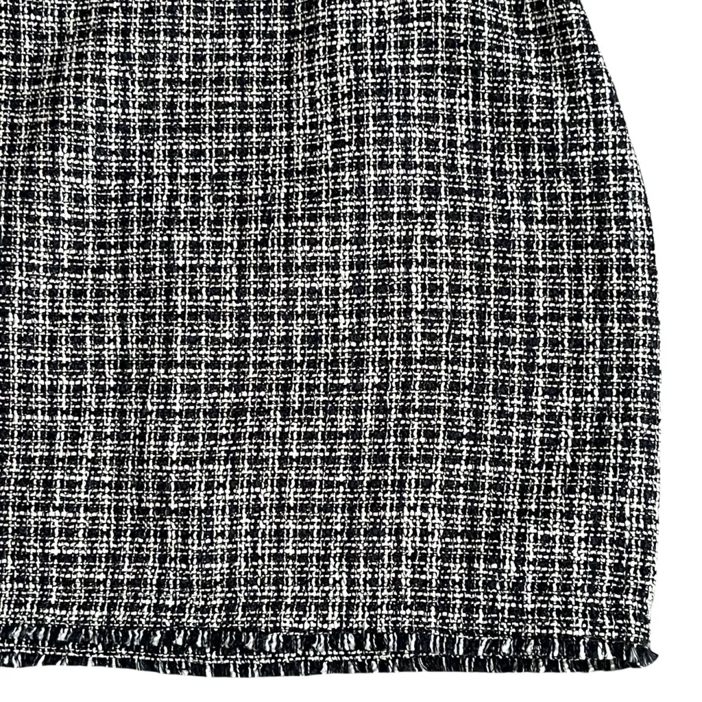 White House Black Market Tweed Fringe Mini Skirt Womens Size 14 Navy White Plaid - Image 3
