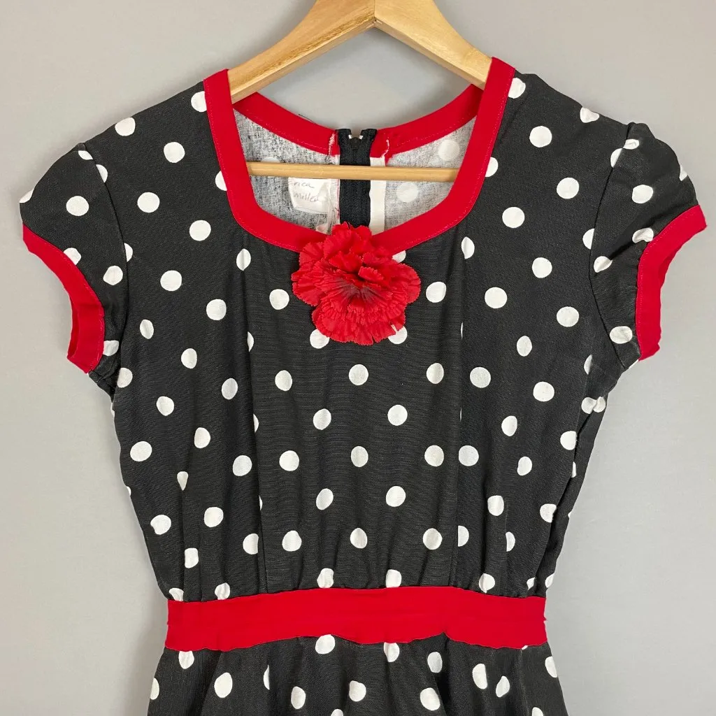 Handmade Retro Dress Polka Dot Circle Skirt Sock-Hop‎ Pin-Up Black White Flower - Image 3