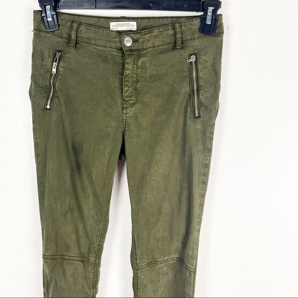 ZARA WOMAN Premium Denim Collection Army Green Moto Style Pants, Size 4 - Image 6