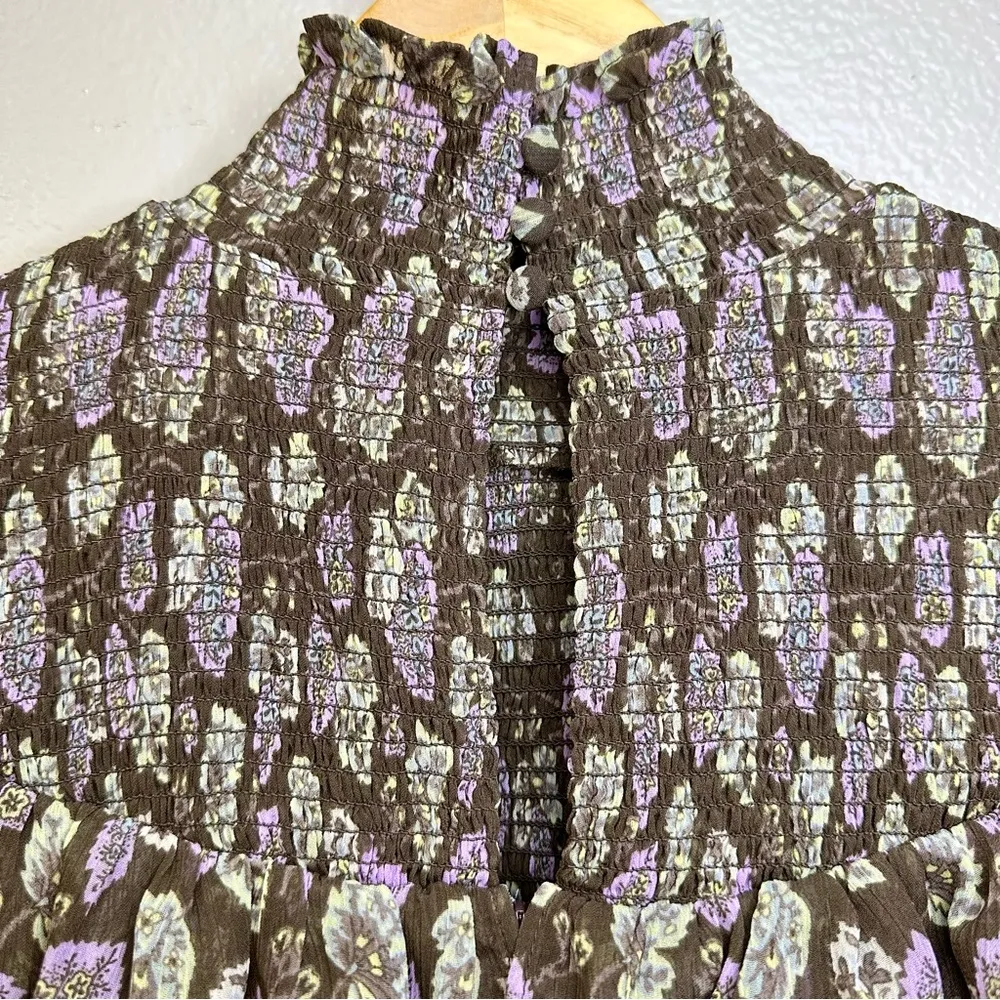 NWT Cinq a Sept Drew Leaf Print Smocked Ruffled Blouse Top Cacao Multi Brown Size M - Image 6