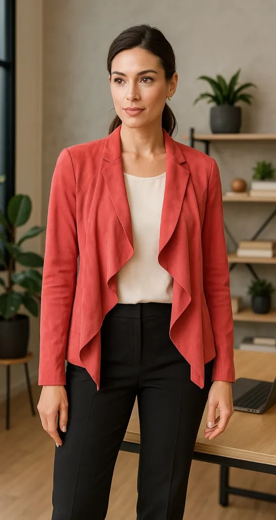 Elie Tahari Coral Lamb Suede Cotton Silk Blend Open Waterfall Jacket Size Medium - Image 1