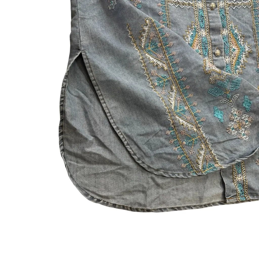 Indigo Thread Co. Embroidered Denim Jean Midi Long Sleeve Button Up Slit Dress Blue - Image 6