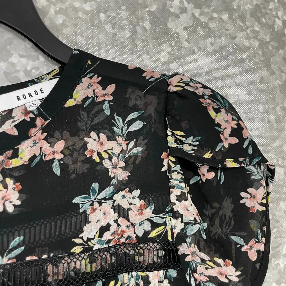 RO&DE Women's Black & Pink Floral Boho Tiered Blouse - Size Small - Crochet Lace - Image 2