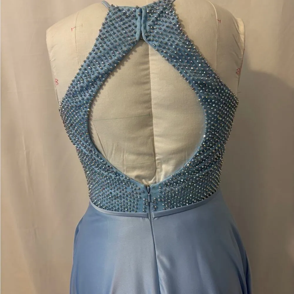 La Femme Light Blue Beaded High Neck Cut Out Satin A-Line Formal Maxi Prom Dress - Image 3