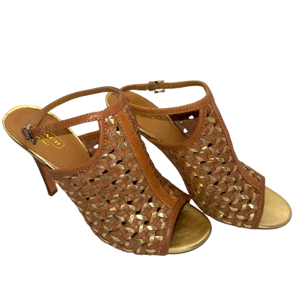 Coach Women’s 8B Tan Gold Woven Leather Peep Toe High Heel Sandals Ankle Strap - Image 3